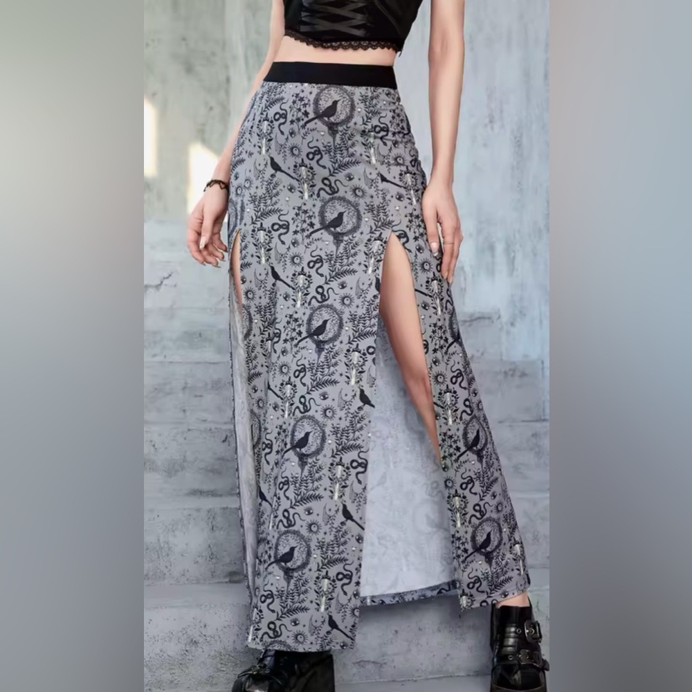 Maxi Skirt with Gothic Symbols Gray & Black Size L - Picture 4 of 15